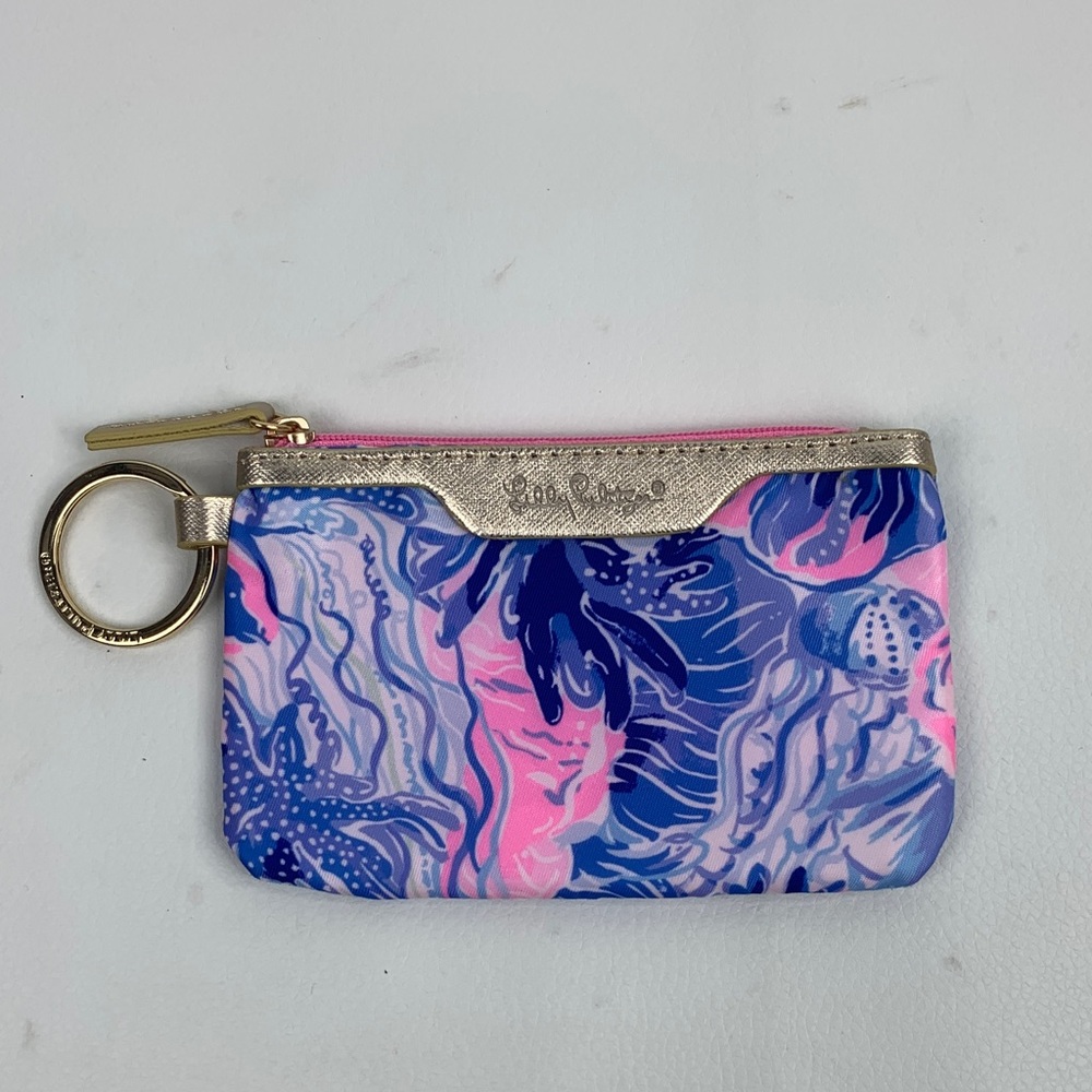 Lilly Pulitzer Pink Blue Key card Holder ID pocket Gold Zipper and ring NEW NWOT